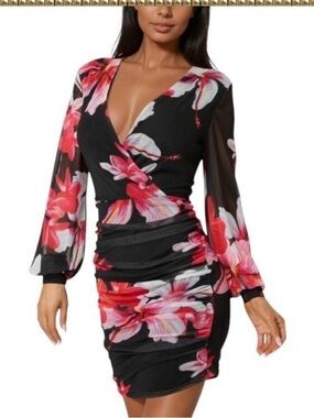 bebe Black Mini Dress with Pink and Red Floral Print